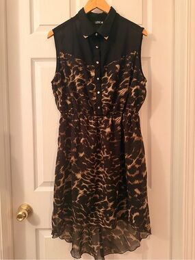 Sleeveless Black and Tan Animal Print high-low dress, size 1X luxury